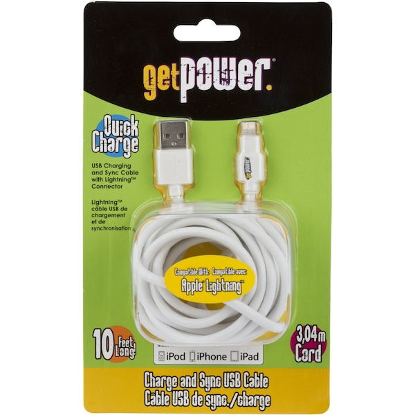 Get Power GetPower Lightning to USB Charge and Sync Cable 10 ft. White GP-XL-USB-L - main